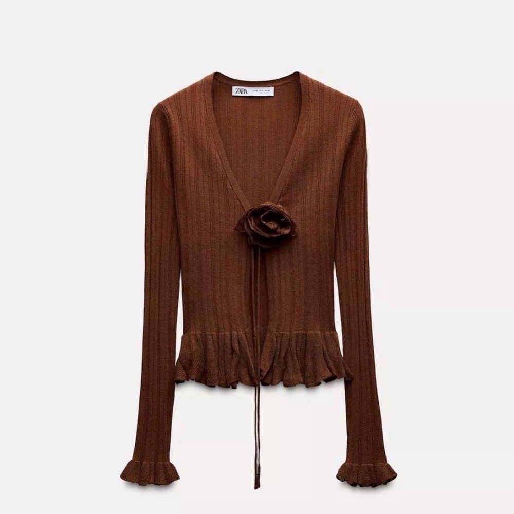 Zara Brown Fine Knit Flower Ruffle Cardigan